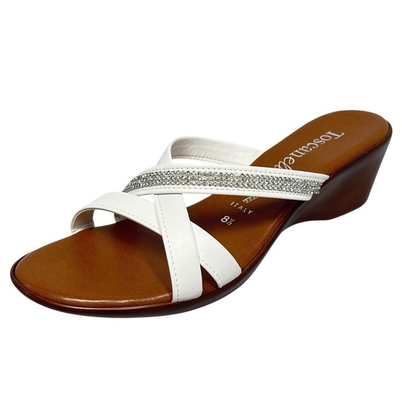 TOSCANELLA Made In Italy White Silver Rhinestone Wedge Sandals Size 8.5 - Picture 1 of 16